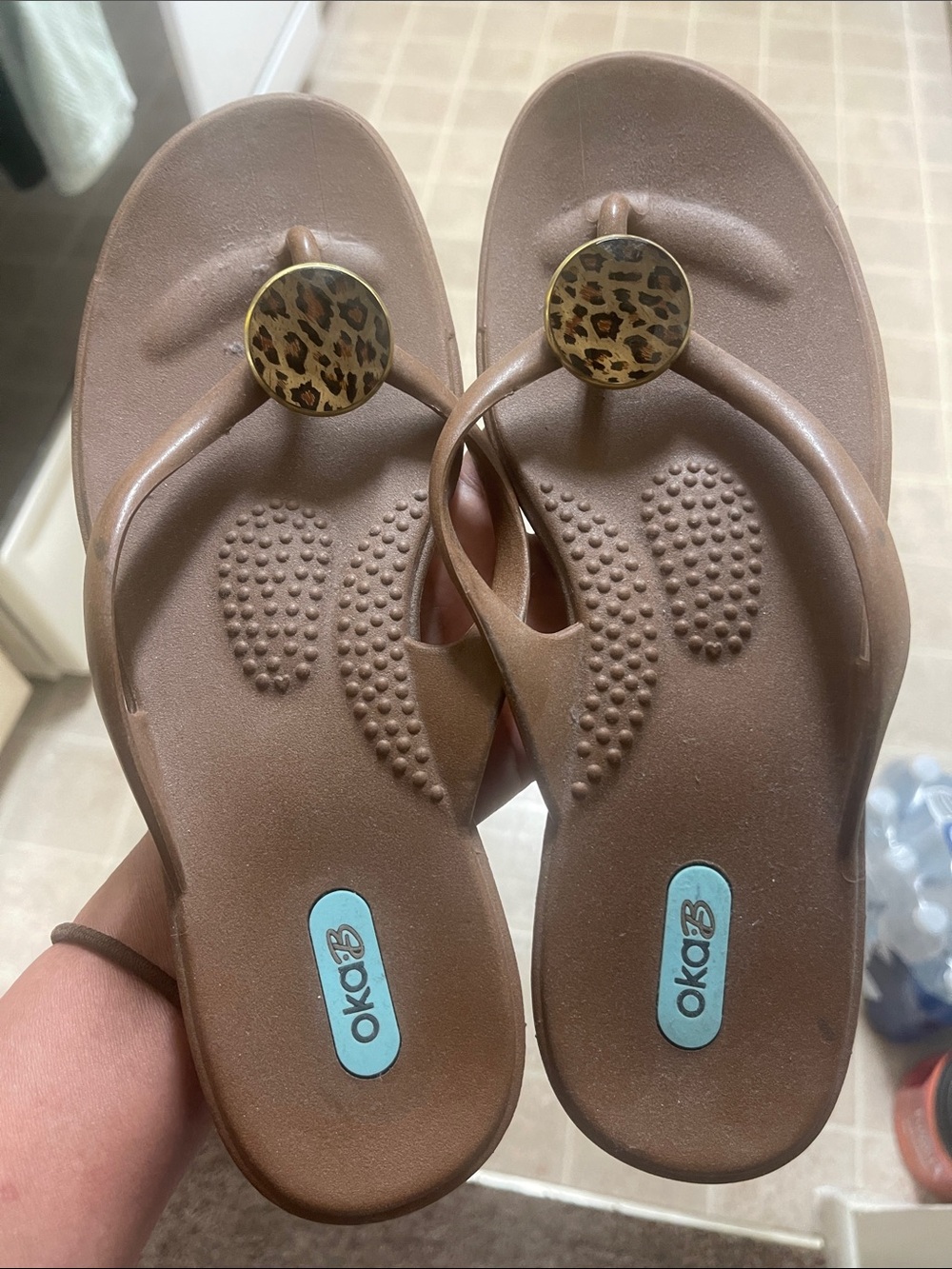 OKA b. Brown Thong Sandals with Leopard Accent Medallions